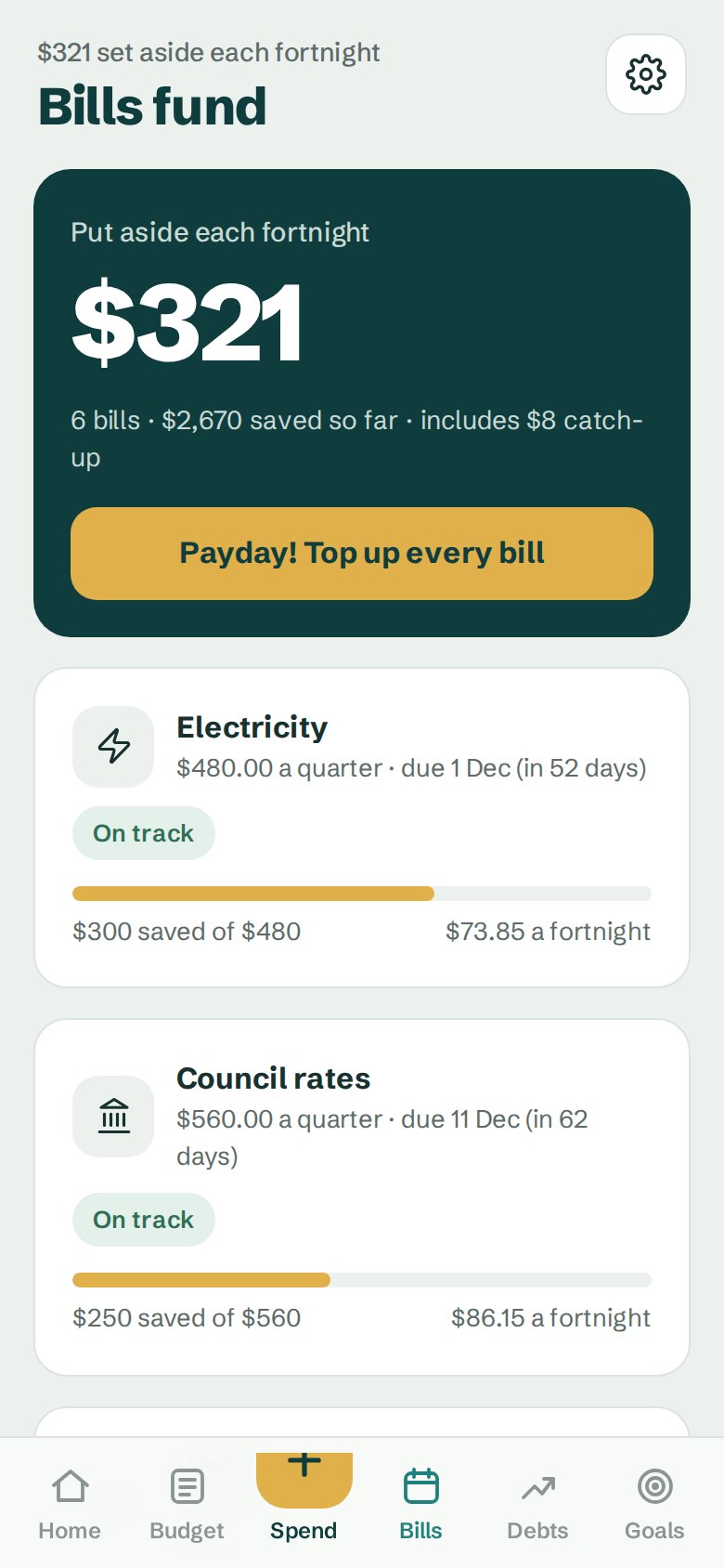 Bills fund screen