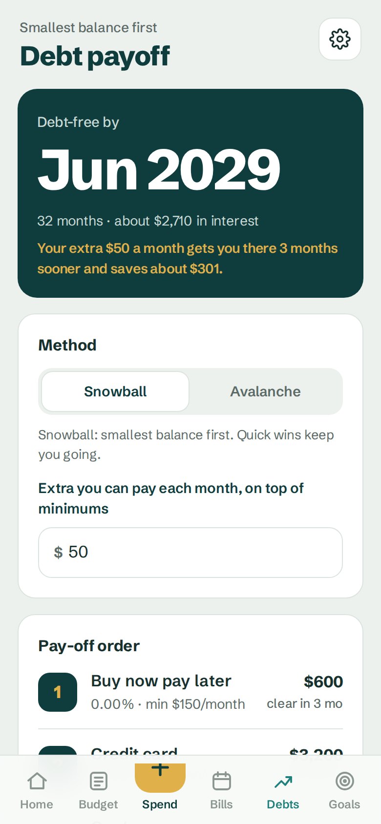 Debt payoff screen