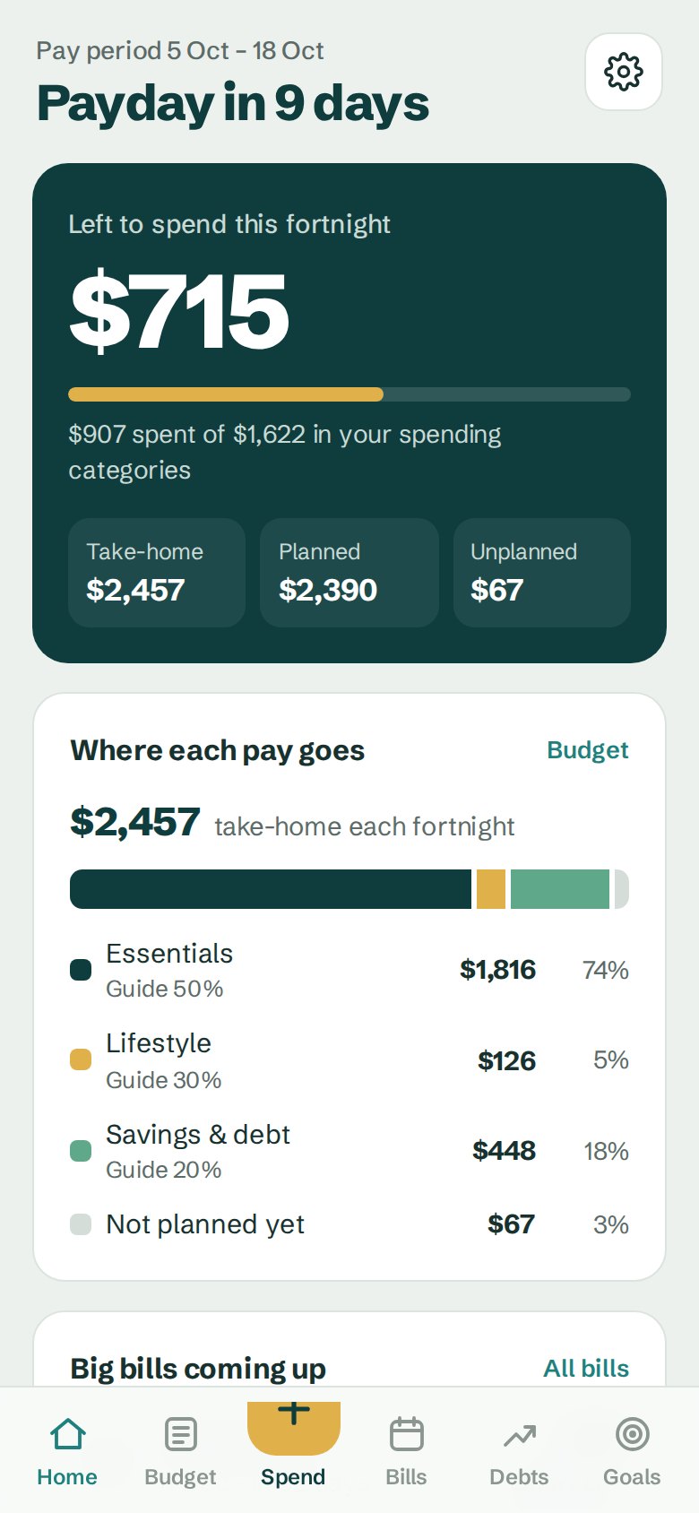 Planaroo home screen: $715 left to spend this fortnight, and how a $2,457 take-home splits into essentials, lifestyle and savings
